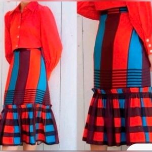 NWT Anthropologie Eva Franco Color Block + Plaid+ Ruffles Silky Midi skirt, Sz:4
